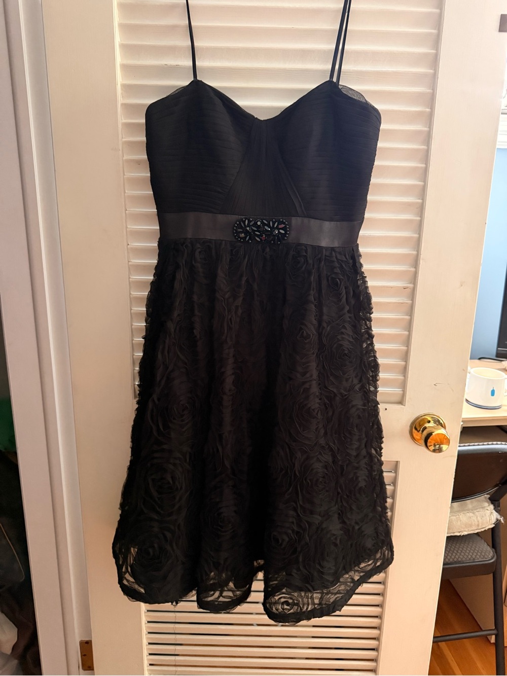 Adrianna Papell Black Spaghetti Strap Rosette Prom Dress